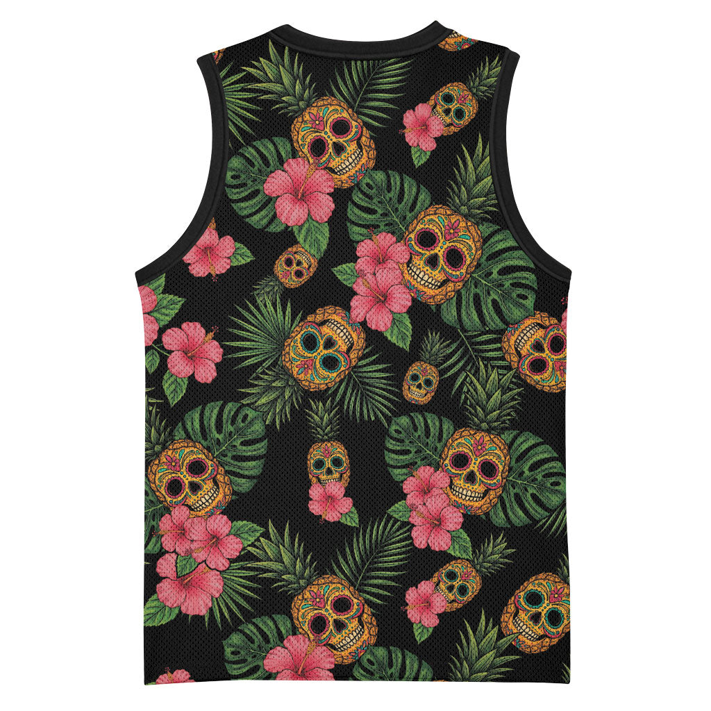 Tropical Calavera Hawaiian Basketball Jersey Sugar Skull Pineapple Hibiscus Floral