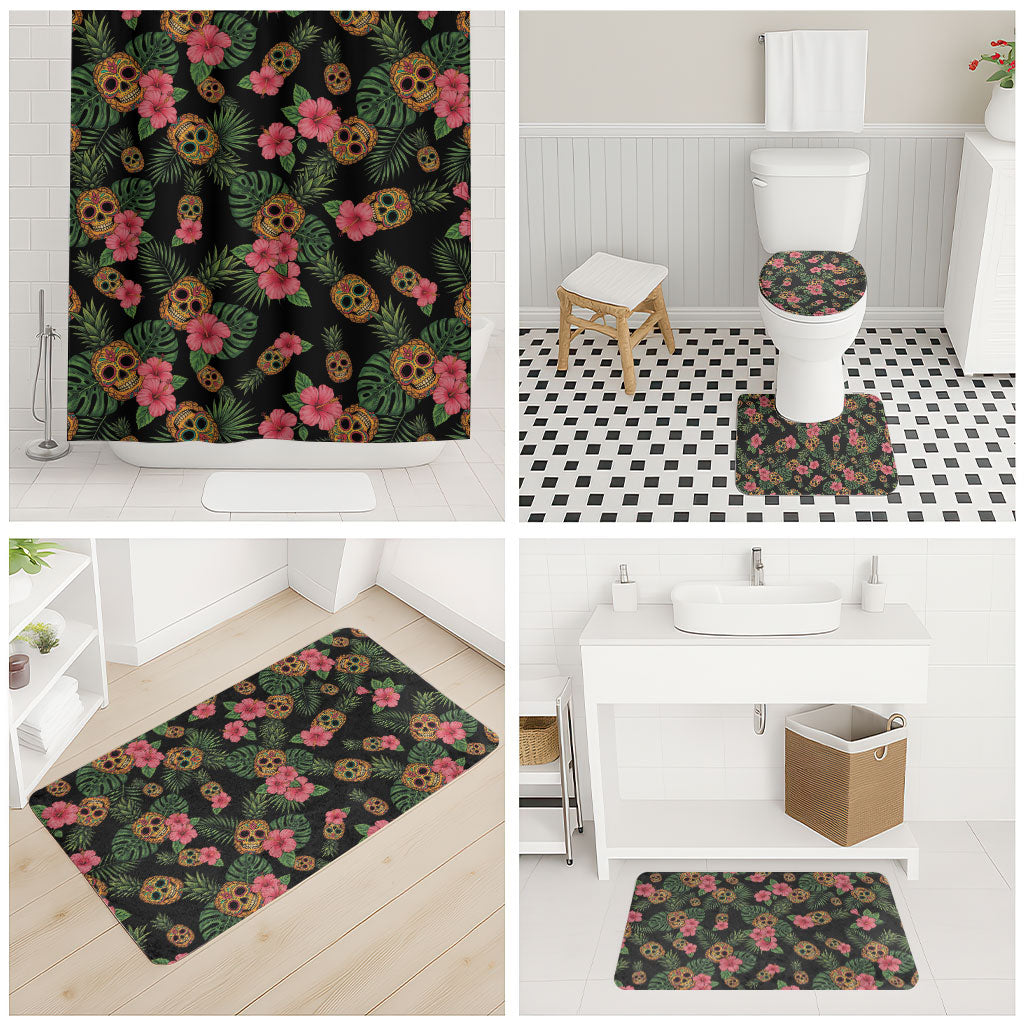 Tropical Calavera Hawaiian Bathroom Set Sugar Skull Pineapple Hibiscus Floral