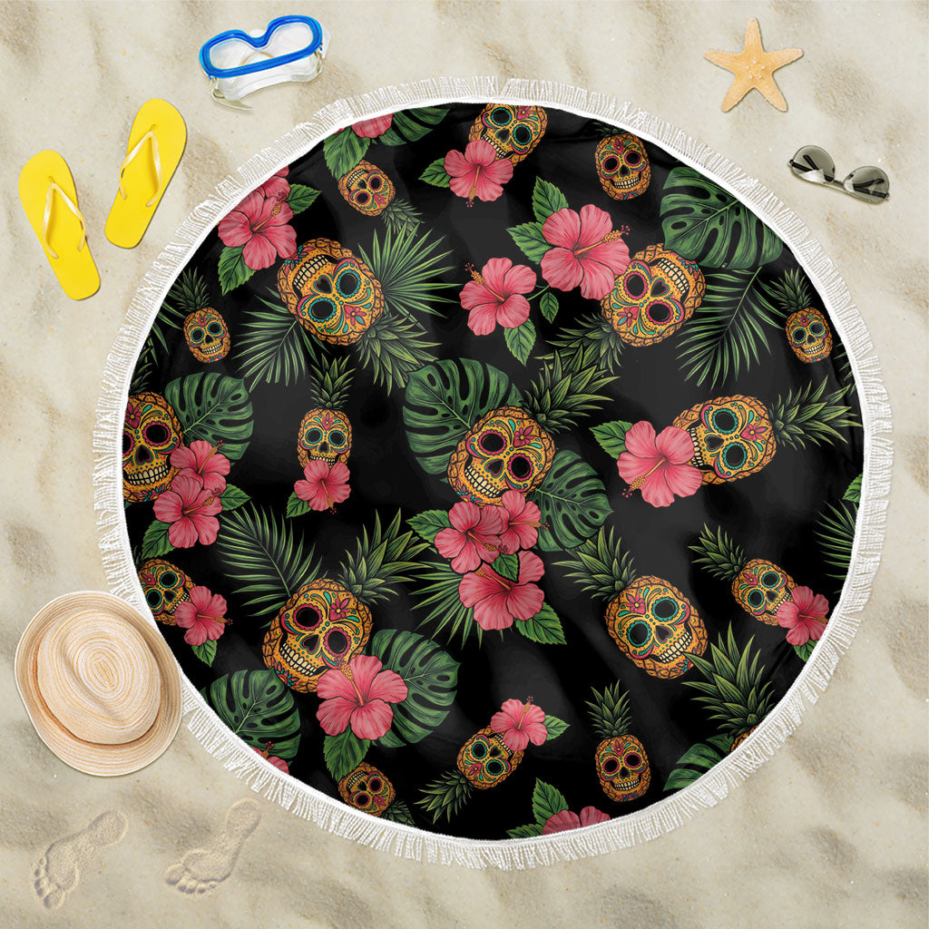 Tropical Calavera Hawaiian Beach Blanket Sugar Skull Pineapple Hibiscus Floral