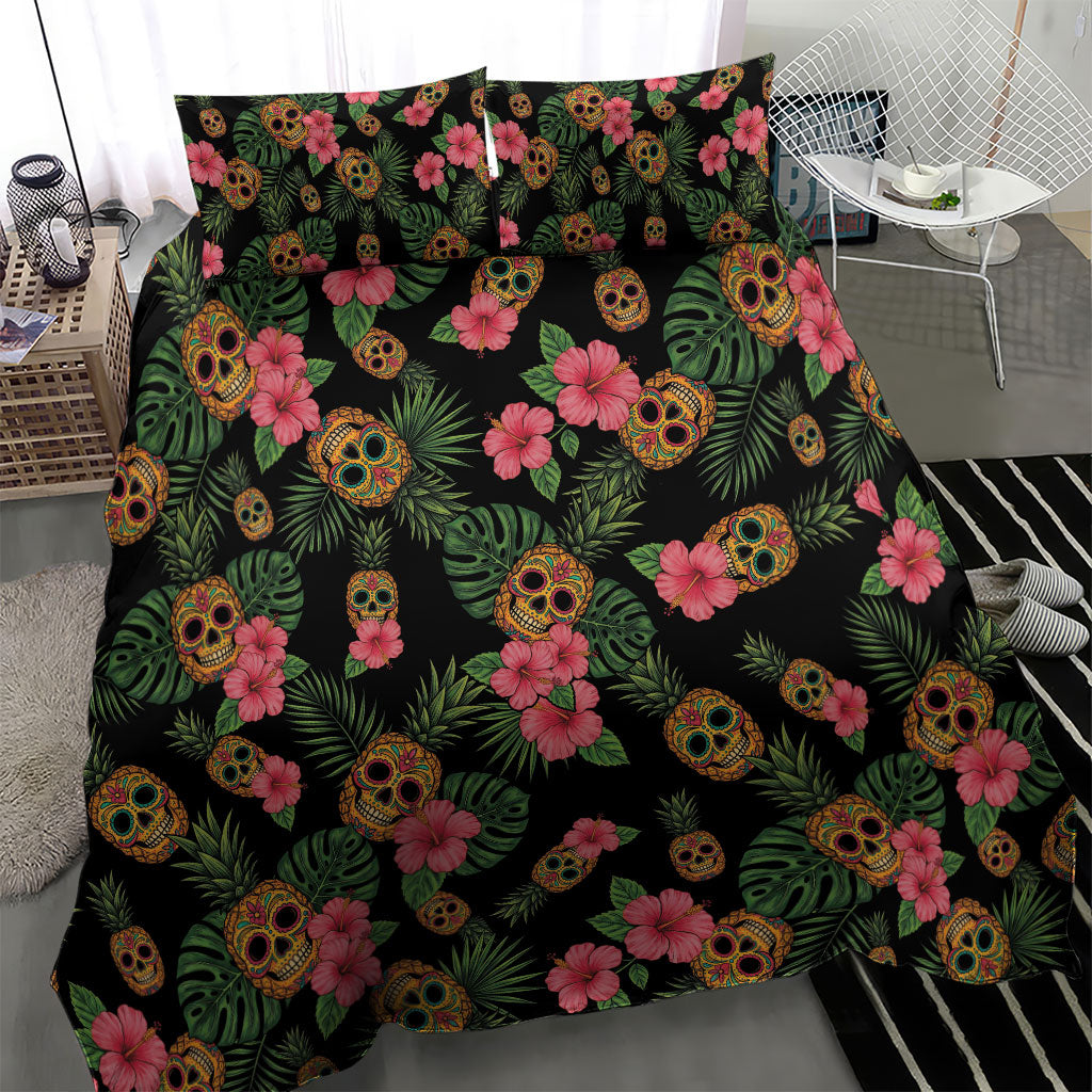 Tropical Calavera Hawaiian Bedding Set Sugar Skull Pineapple Hibiscus Floral