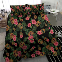 Tropical Calavera Hawaiian Bedding Set Sugar Skull Pineapple Hibiscus Floral