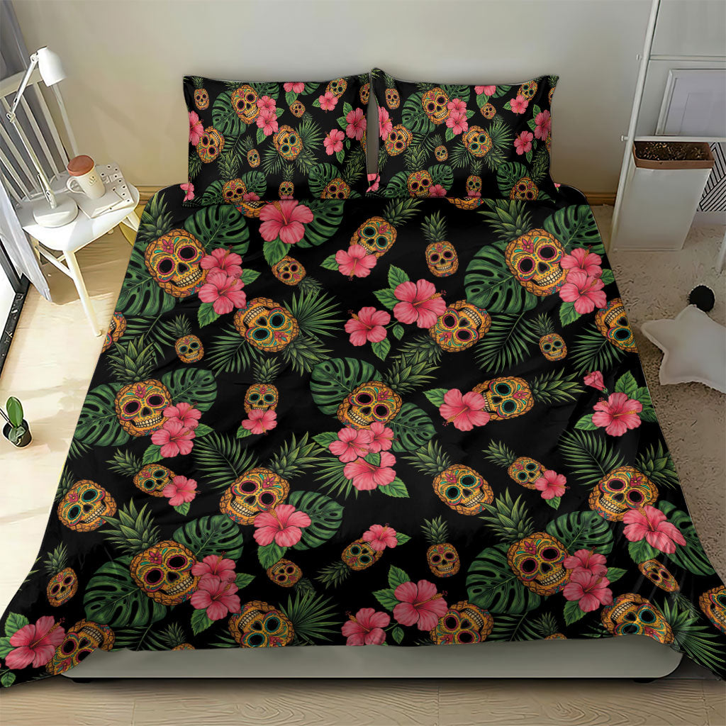 Tropical Calavera Hawaiian Bedding Set Sugar Skull Pineapple Hibiscus Floral