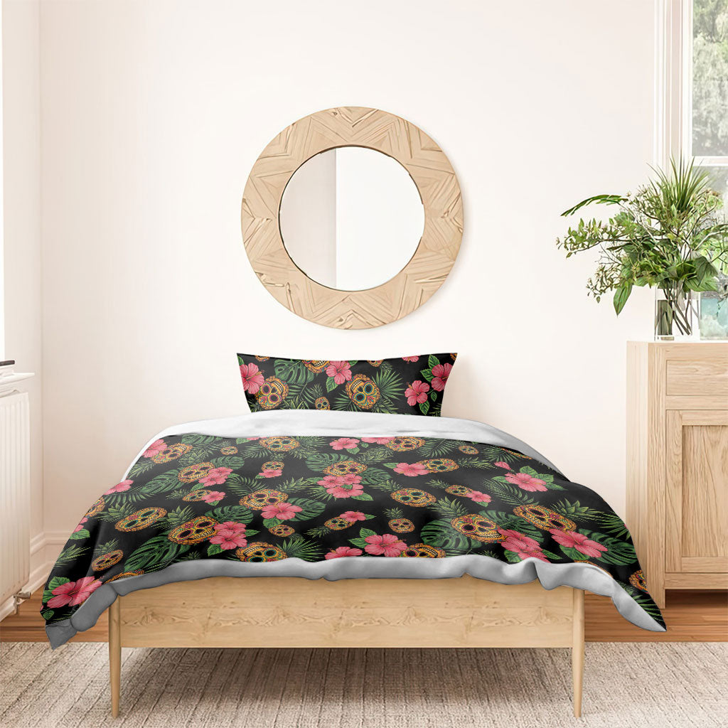 Tropical Calavera Hawaiian Bedding Set Sugar Skull Pineapple Hibiscus Floral
