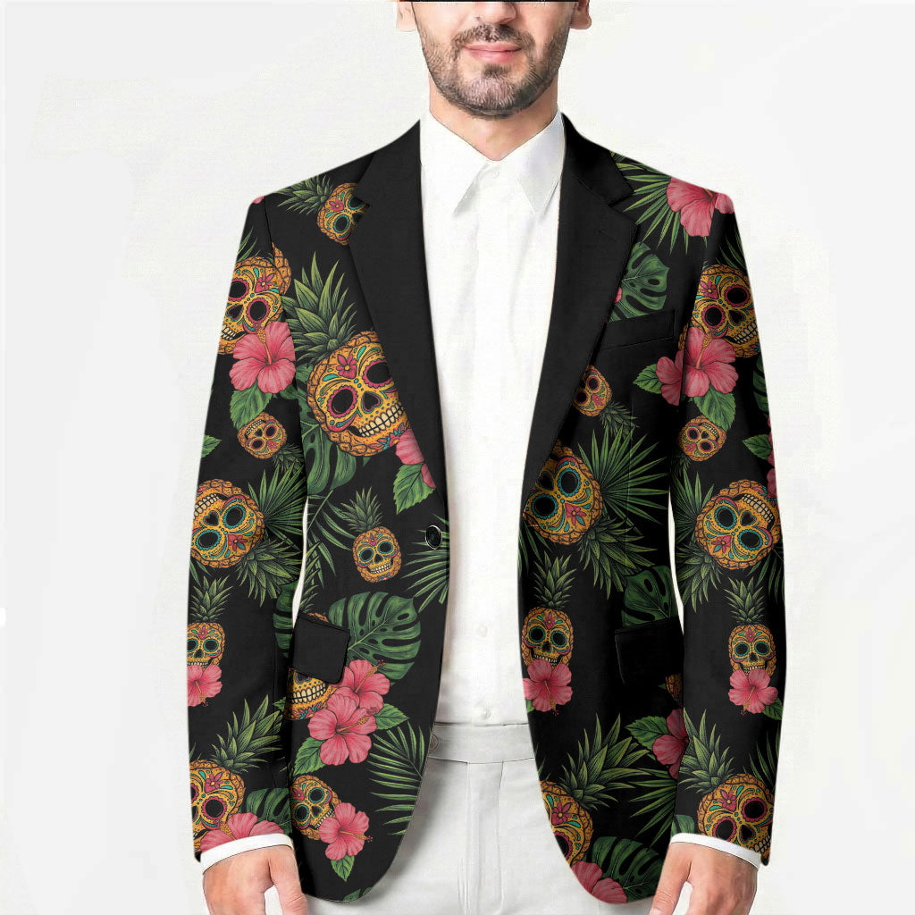 Tropical Calavera Hawaiian Blazer Sugar Skull Pineapple Hibiscus Floral