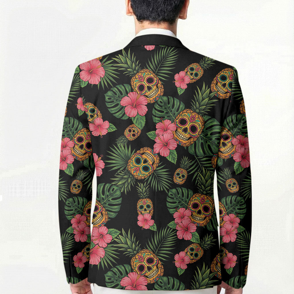 Tropical Calavera Hawaiian Blazer Sugar Skull Pineapple Hibiscus Floral