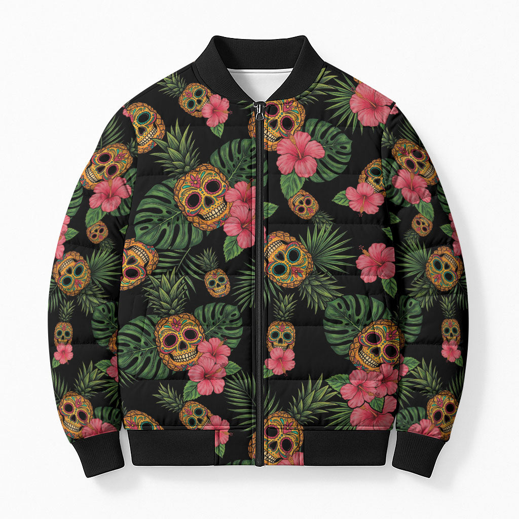 Tropical Calavera Hawaiian Bomber Puffer Jacket Sugar Skull Pineapple Hibiscus Floral