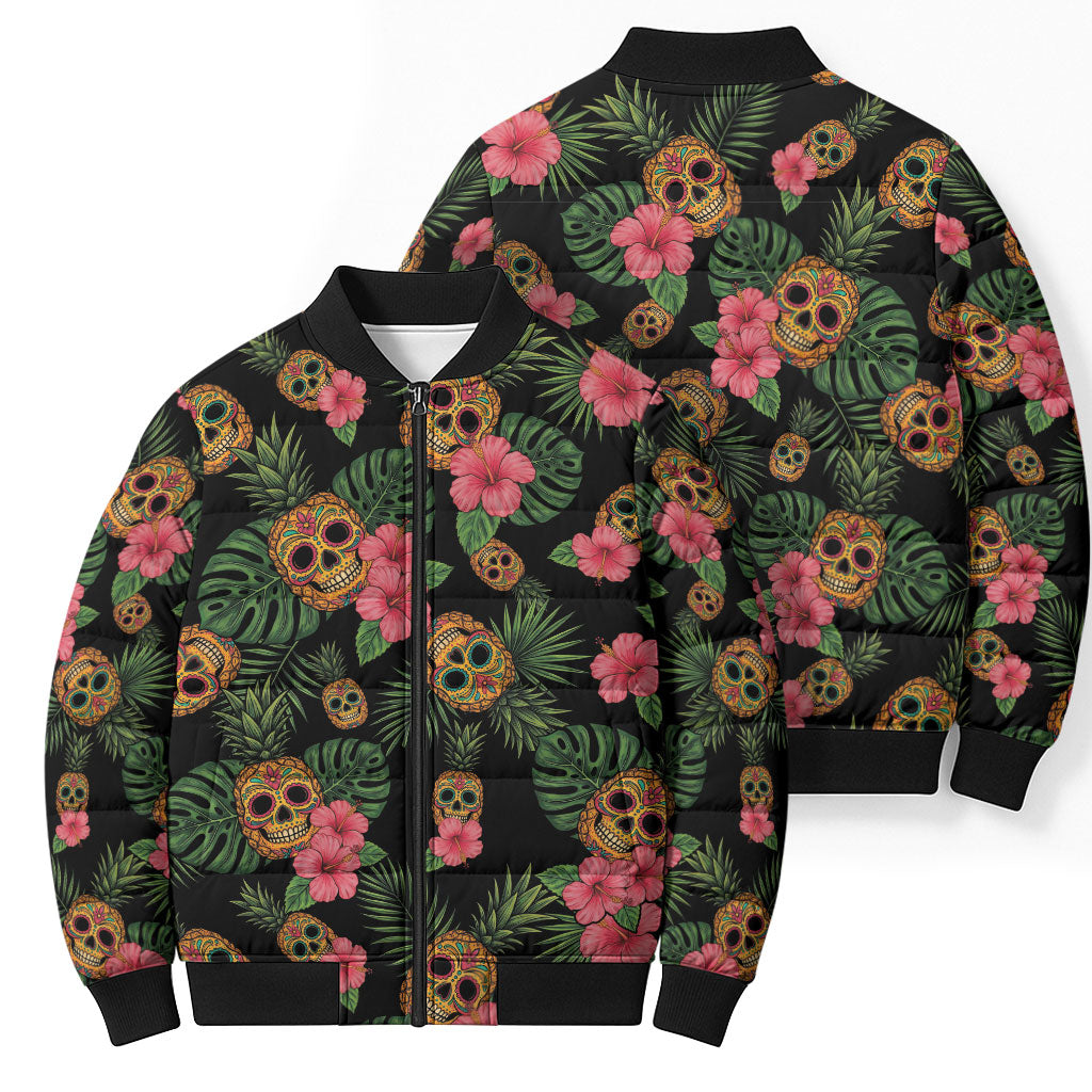 Tropical Calavera Hawaiian Bomber Puffer Jacket Sugar Skull Pineapple Hibiscus Floral