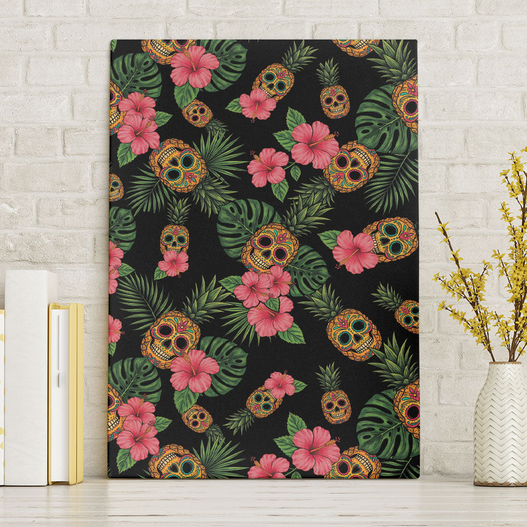 Tropical Calavera Hawaiian Canvas Wall Art Sugar Skull Pineapple Hibiscus Floral DT05 Without Frame Black - Polynesian Pride