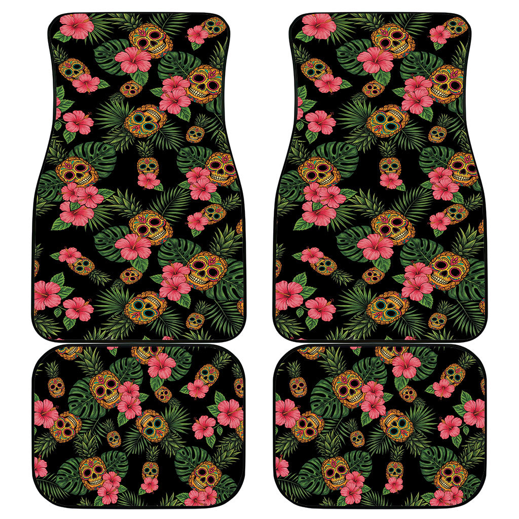 Tropical Calavera Hawaiian Car Mats Sugar Skull Pineapple Hibiscus Floral