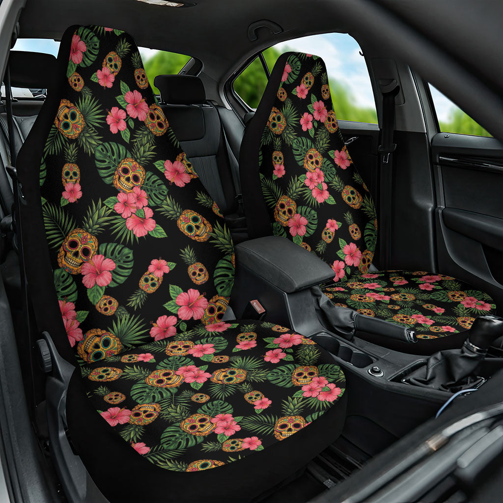 Tropical Calavera Hawaiian Car Seat Cover Sugar Skull Pineapple Hibiscus Floral DT05 One Size Black - Polynesian Pride