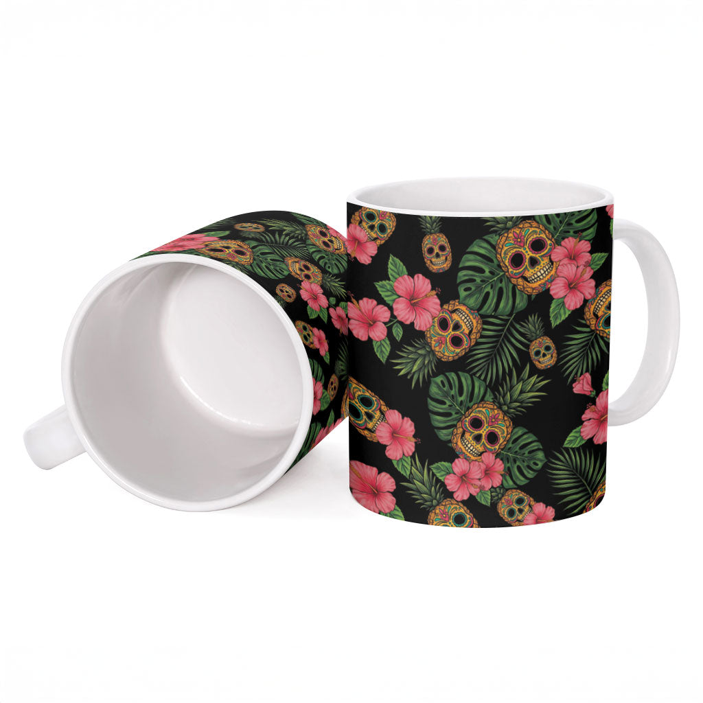 Tropical Calavera Hawaiian Ceramic Mug Sugar Skull Pineapple Hibiscus Floral