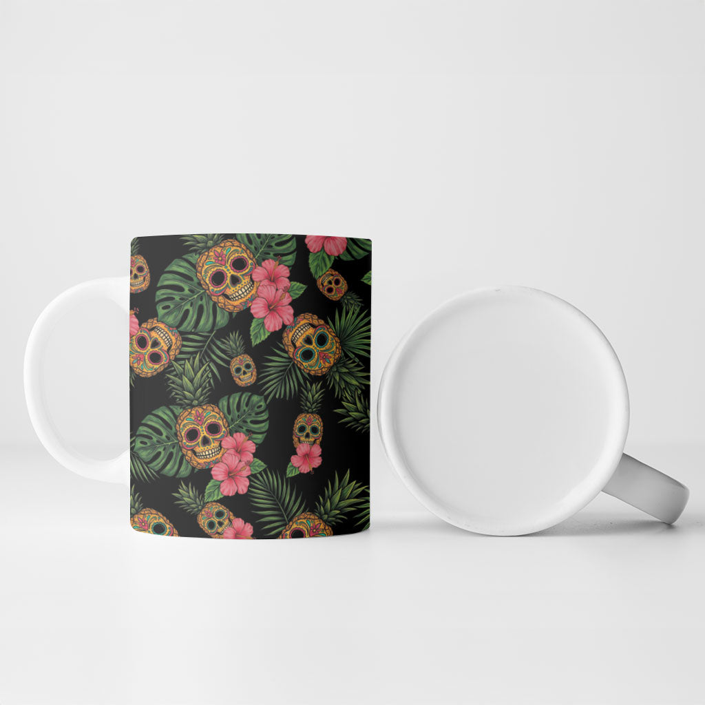 Tropical Calavera Hawaiian Ceramic Mug Sugar Skull Pineapple Hibiscus Floral