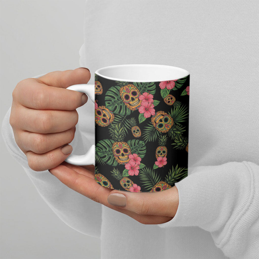 Tropical Calavera Hawaiian Ceramic Mug Sugar Skull Pineapple Hibiscus Floral