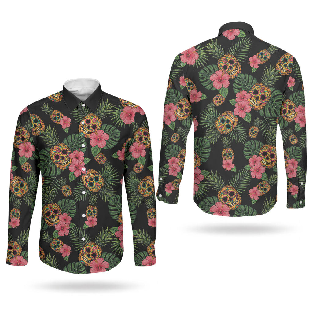 Tropical Calavera Hawaiian Couples Matching Summer Maxi Dress and Long Sleeve Button Shirt Sugar Skull Pineapple Hibiscus Floral DT05 - Polynesian Pride