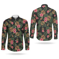 Tropical Calavera Hawaiian Couples Matching Summer Maxi Dress and Long Sleeve Button Shirt Sugar Skull Pineapple Hibiscus Floral DT05 - Polynesian Pride