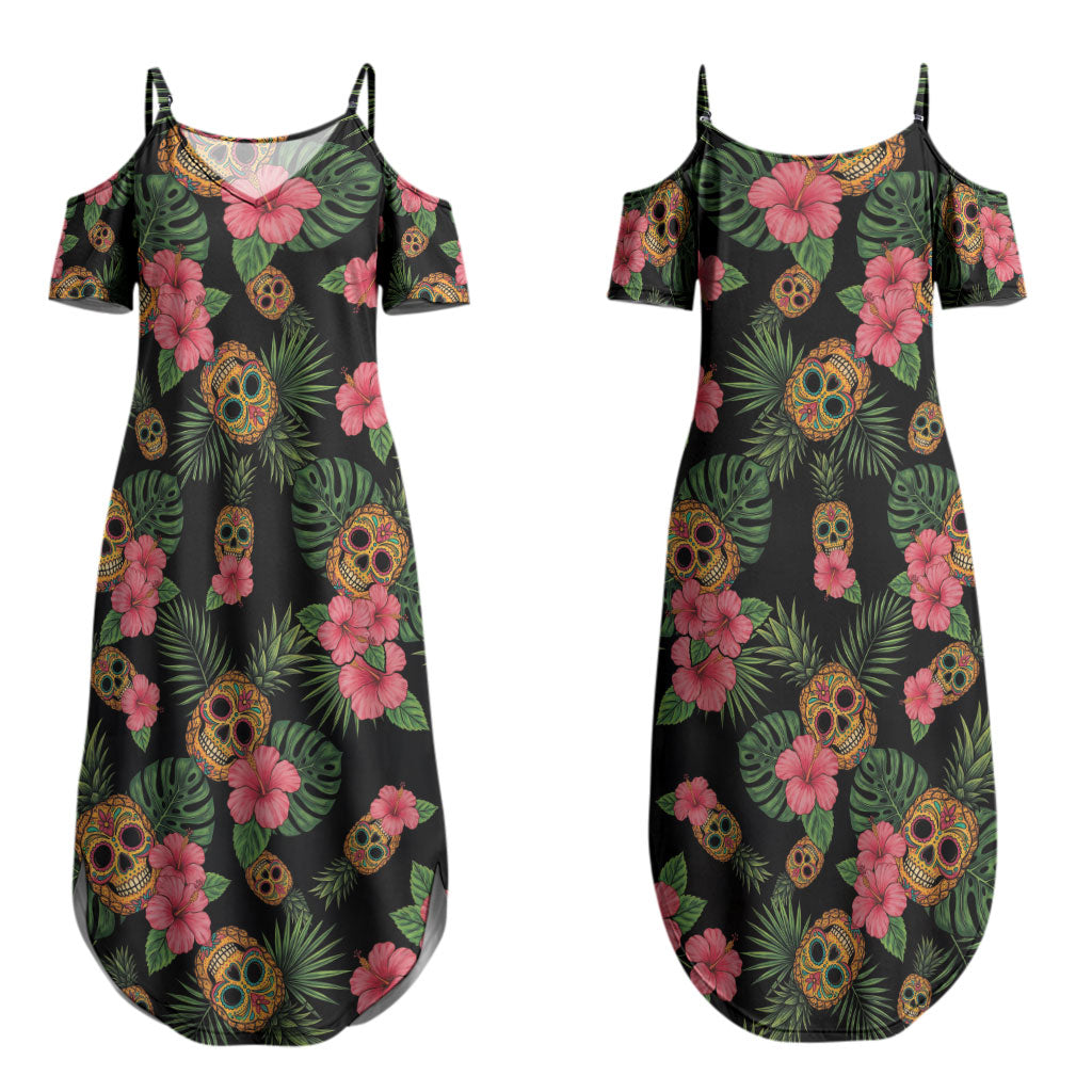 Tropical Calavera Hawaiian Couples Matching Summer Maxi Dress and Long Sleeve Button Shirt Sugar Skull Pineapple Hibiscus Floral DT05 - Polynesian Pride