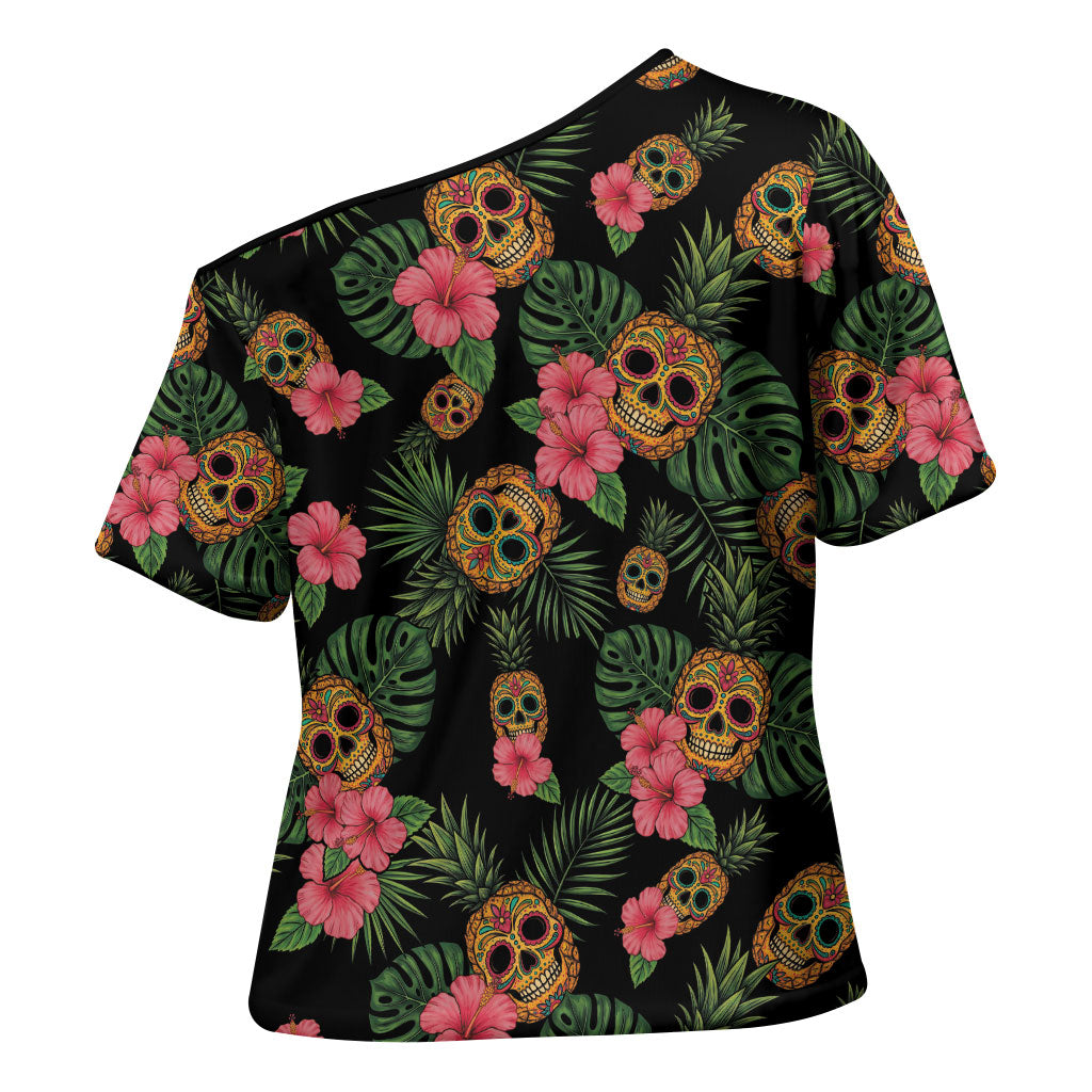 Tropical Calavera Hawaiian Cross Shoulder Shirt Sugar Skull Pineapple Hibiscus Floral