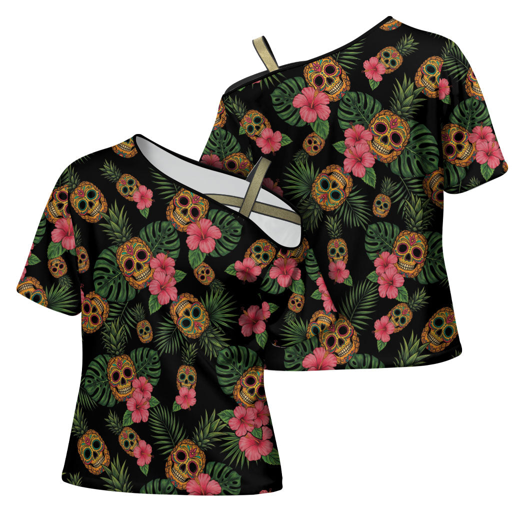 Tropical Calavera Hawaiian Cross Shoulder Shirt Sugar Skull Pineapple Hibiscus Floral