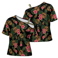 Tropical Calavera Hawaiian Cross Shoulder Shirt Sugar Skull Pineapple Hibiscus Floral