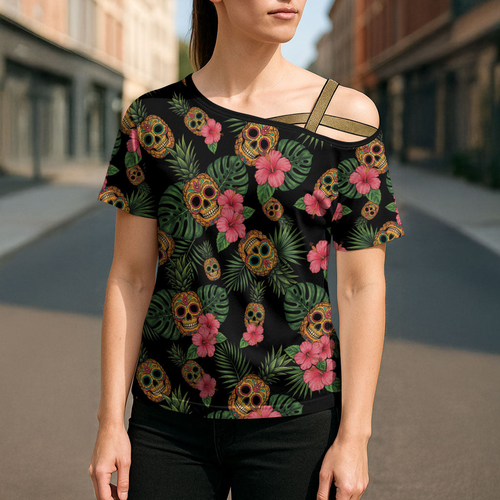 Tropical Calavera Hawaiian Cross Shoulder Shirt Sugar Skull Pineapple Hibiscus Floral