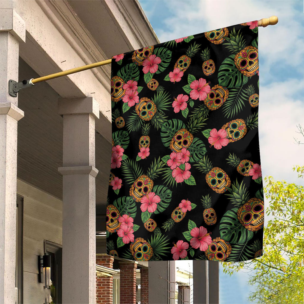 Tropical Calavera Hawaiian Garden Flag Sugar Skull Pineapple Hibiscus Floral