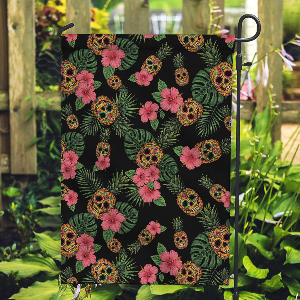 Tropical Calavera Hawaiian Garden Flag Sugar Skull Pineapple Hibiscus Floral