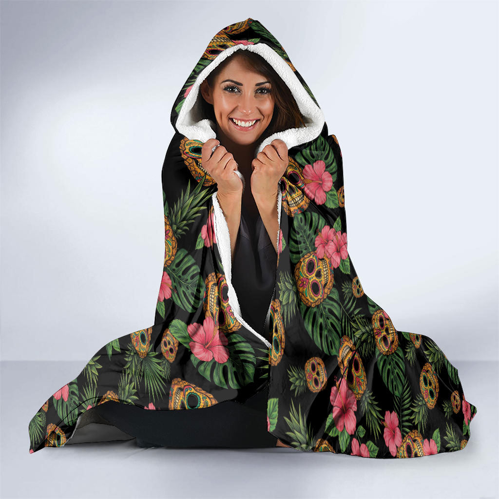 Tropical Calavera Hawaiian Hooded Blanket Sugar Skull Pineapple Hibiscus Floral