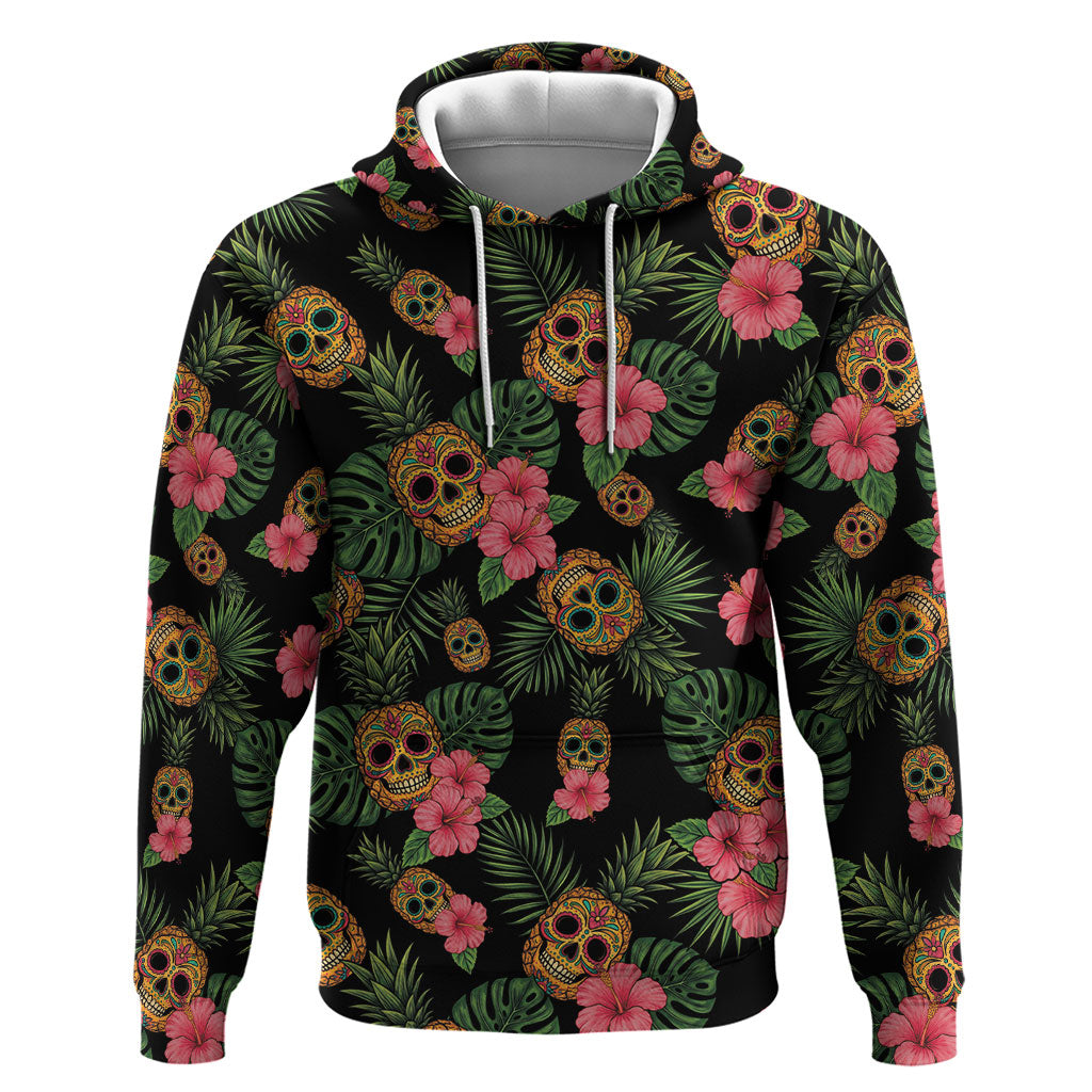 Tropical Calavera Hawaiian Hoodie Sugar Skull Pineapple Hibiscus Floral