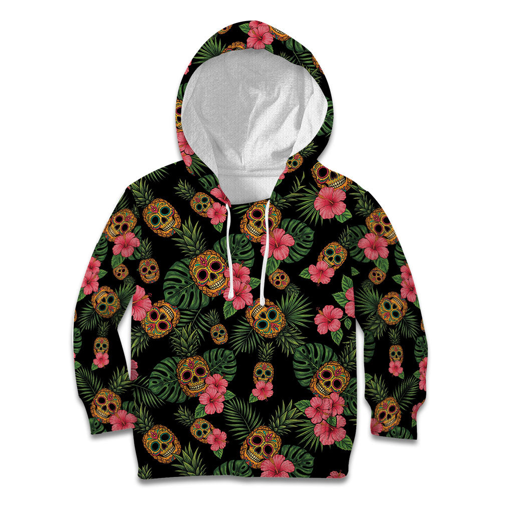 Tropical Calavera Hawaiian Kid Hoodie Sugar Skull Pineapple Hibiscus Floral