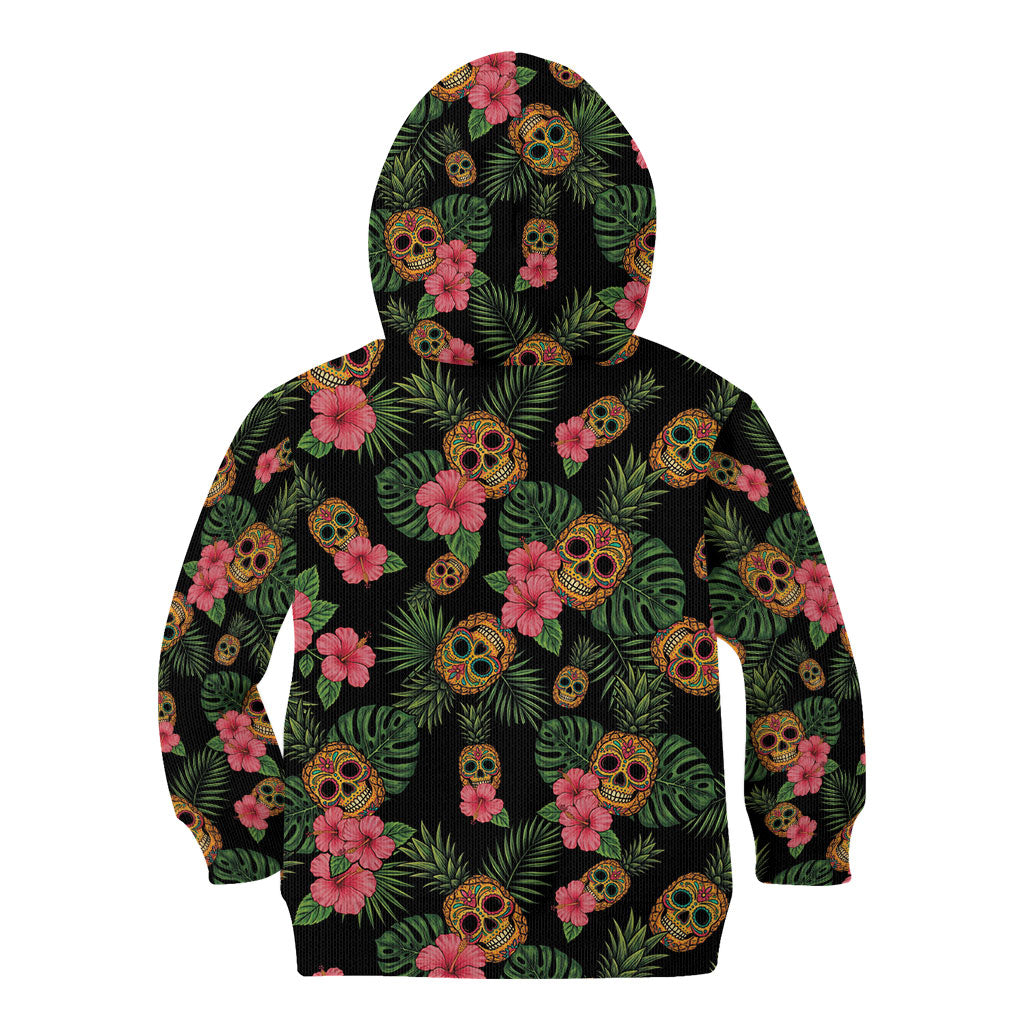 Tropical Calavera Hawaiian Kid Hoodie Sugar Skull Pineapple Hibiscus Floral