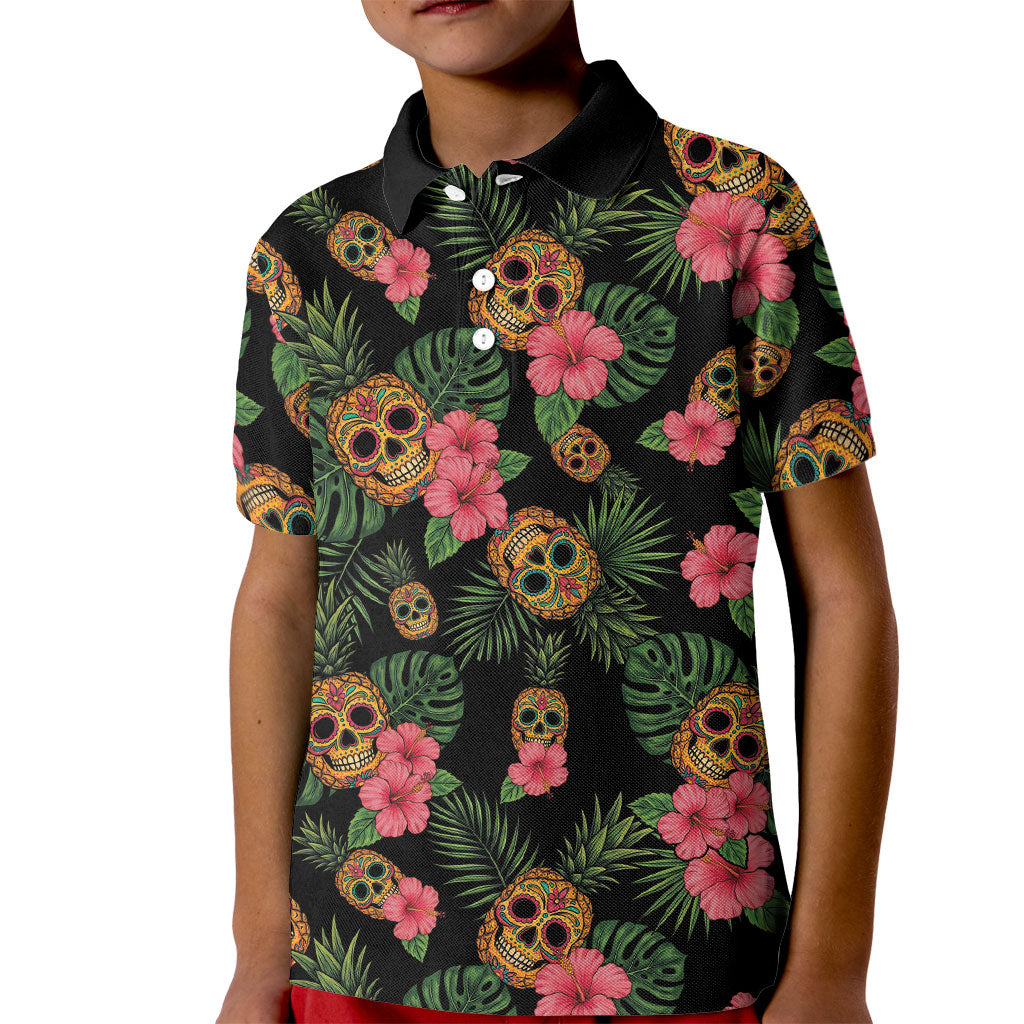 Tropical Calavera Hawaiian Kid Polo Shirt Sugar Skull Pineapple Hibiscus Floral