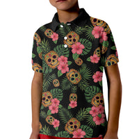 Tropical Calavera Hawaiian Kid Polo Shirt Sugar Skull Pineapple Hibiscus Floral
