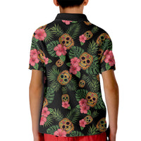 Tropical Calavera Hawaiian Kid Polo Shirt Sugar Skull Pineapple Hibiscus Floral