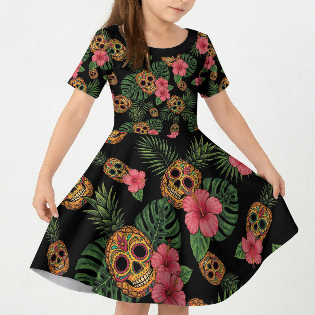 Tropical Calavera Hawaiian Kid Short Sleeve Dress Sugar Skull Pineapple Hibiscus Floral