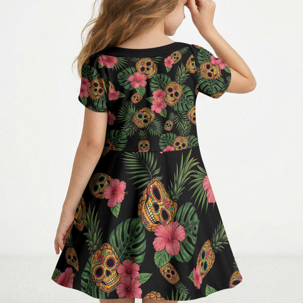 Tropical Calavera Hawaiian Kid Short Sleeve Dress Sugar Skull Pineapple Hibiscus Floral DT05 - Polynesian Pride