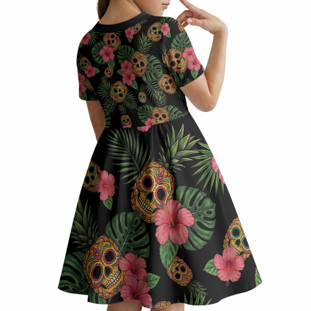 Tropical Calavera Hawaiian Kid Short Sleeve Dress Sugar Skull Pineapple Hibiscus Floral DT05 - Polynesian Pride