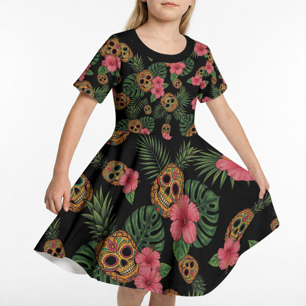 Tropical Calavera Hawaiian Kid Short Sleeve Dress Sugar Skull Pineapple Hibiscus Floral DT05 - Polynesian Pride