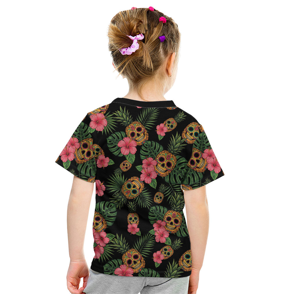 Tropical Calavera Hawaiian Kid T Shirt Sugar Skull Pineapple Hibiscus Floral