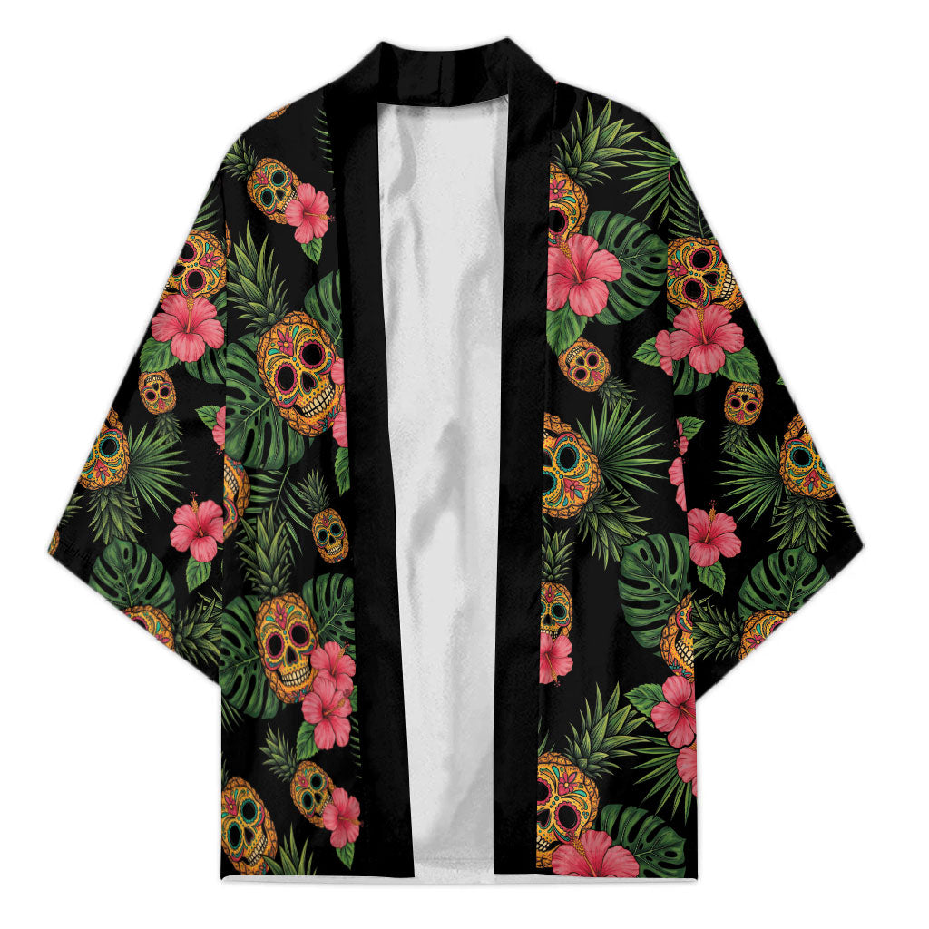 Tropical Calavera Hawaiian Kimono Sugar Skull Pineapple Hibiscus Floral