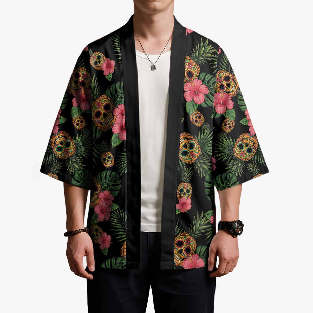 Tropical Calavera Hawaiian Kimono Sugar Skull Pineapple Hibiscus Floral