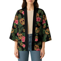 Tropical Calavera Hawaiian Kimono Sugar Skull Pineapple Hibiscus Floral