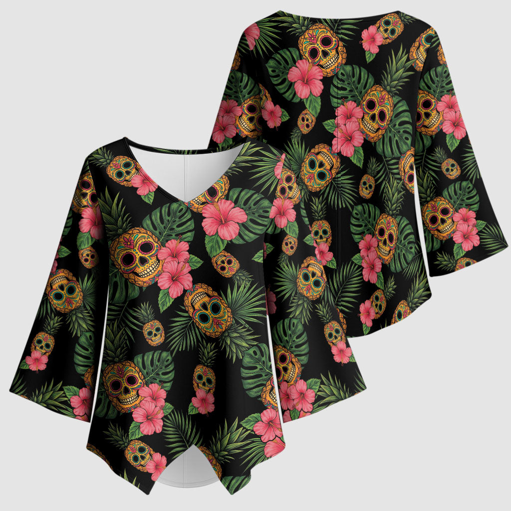 Tropical Calavera Hawaiian Kimono Sleeve Blouse Sugar Skull Pineapple Hibiscus Floral