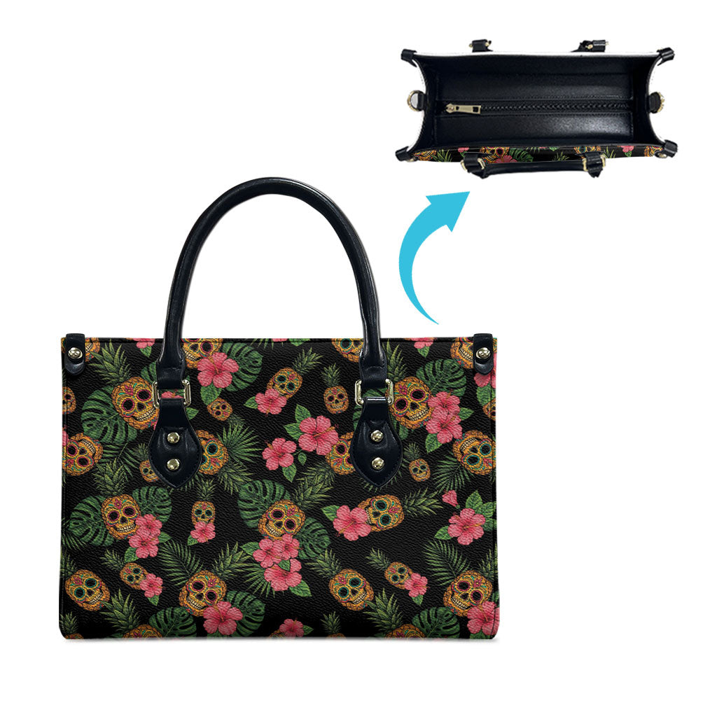 Tropical Calavera Hawaiian Leather Bag Sugar Skull Pineapple Hibiscus Floral