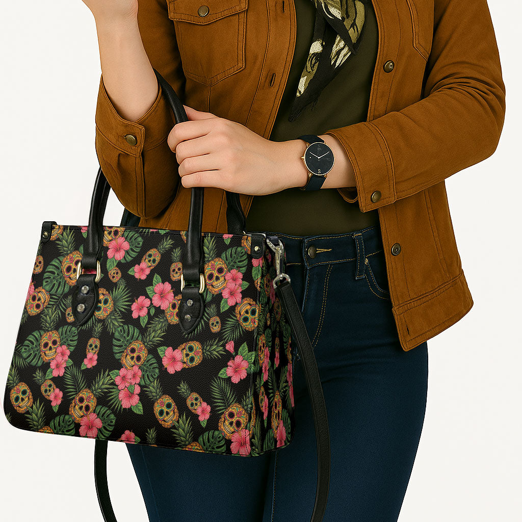Tropical Calavera Hawaiian Leather Bag Sugar Skull Pineapple Hibiscus Floral