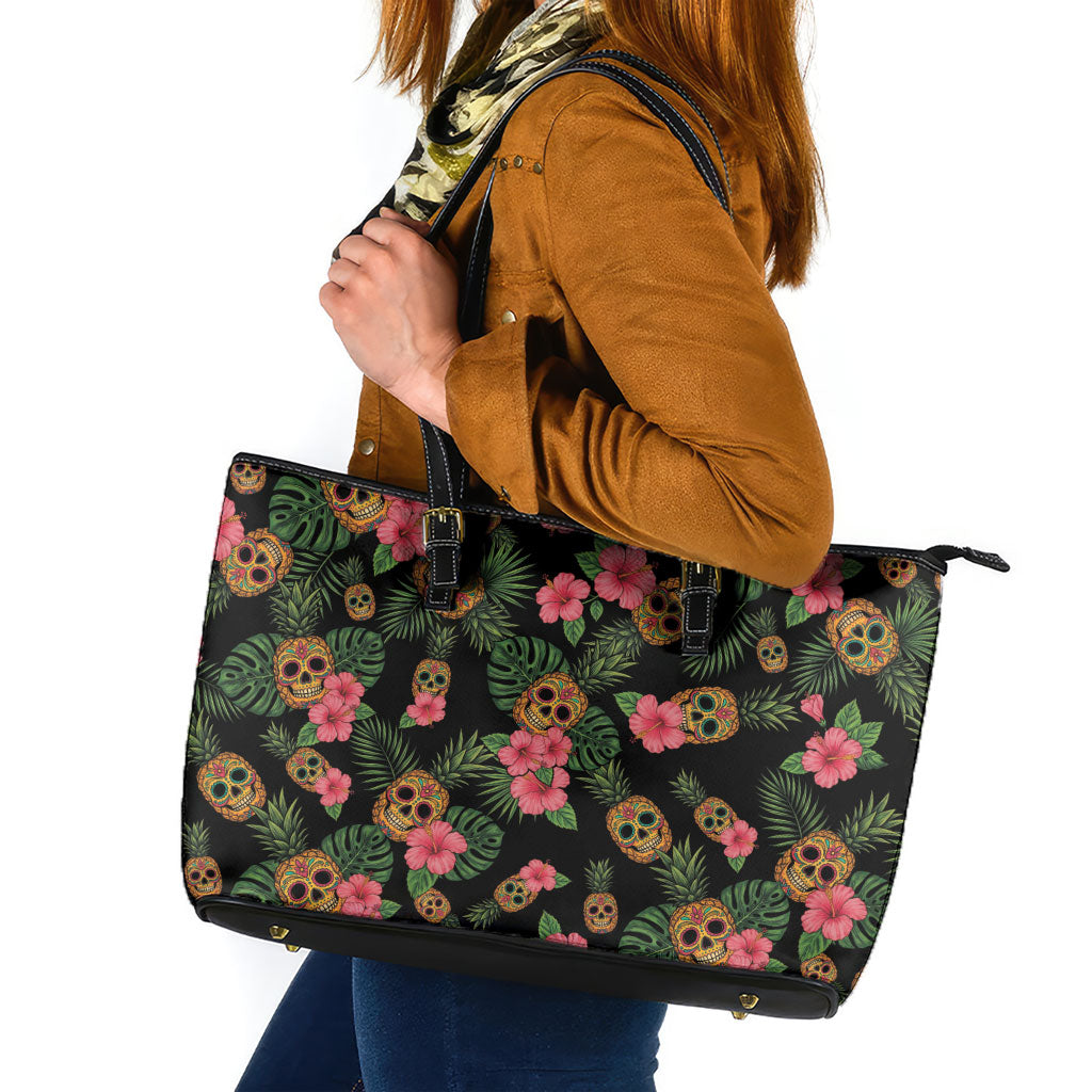 Tropical Calavera Hawaiian Leather Tote Bag Sugar Skull Pineapple Hibiscus Floral DT05 Black - Polynesian Pride