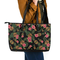 Tropical Calavera Hawaiian Leather Tote Bag Sugar Skull Pineapple Hibiscus Floral