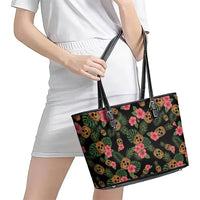 Tropical Calavera Hawaiian Leather Tote Bag Sugar Skull Pineapple Hibiscus Floral