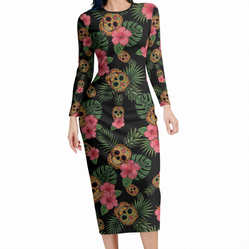 Tropical Calavera Hawaiian Long Sleeve Bodycon Dress Sugar Skull Pineapple Hibiscus Floral