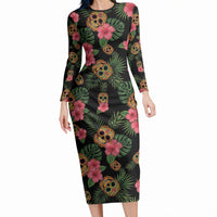 Tropical Calavera Hawaiian Long Sleeve Bodycon Dress Sugar Skull Pineapple Hibiscus Floral