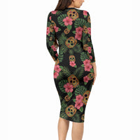 Tropical Calavera Hawaiian Long Sleeve Bodycon Dress Sugar Skull Pineapple Hibiscus Floral